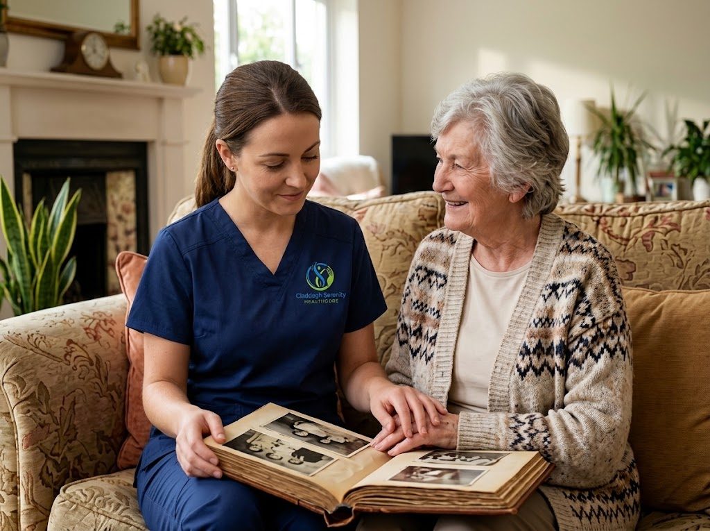 Carer holding the hand of an older woman as they look through an old photograph album on the sofa