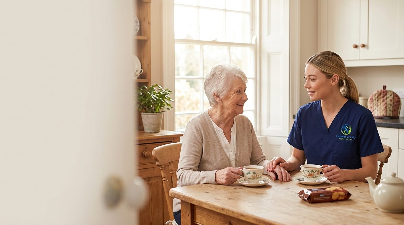 Carer and an older woman chatting over cups of tea at a wooden kitchen table in a bright home