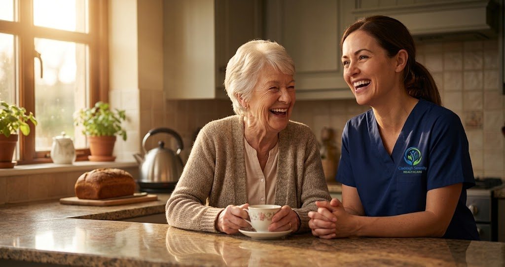 Carer and an older woman laughing together over a cup of tea in a warm kitchen