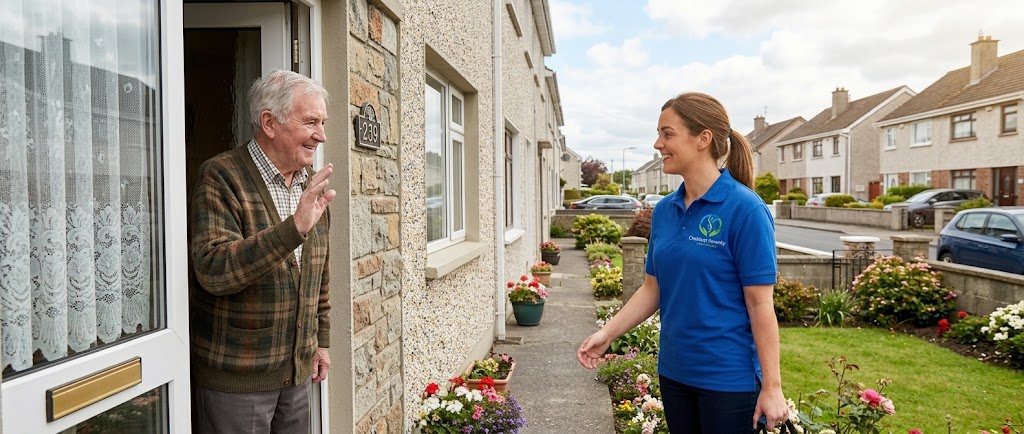 Older man waving from his front door as a carer in a blue polo shirt arrives on the path