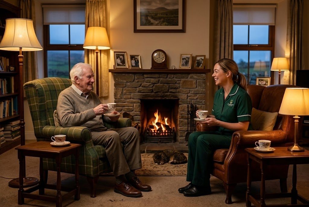 Carer and an older man having tea by an open fire in a cosy living room in the evening