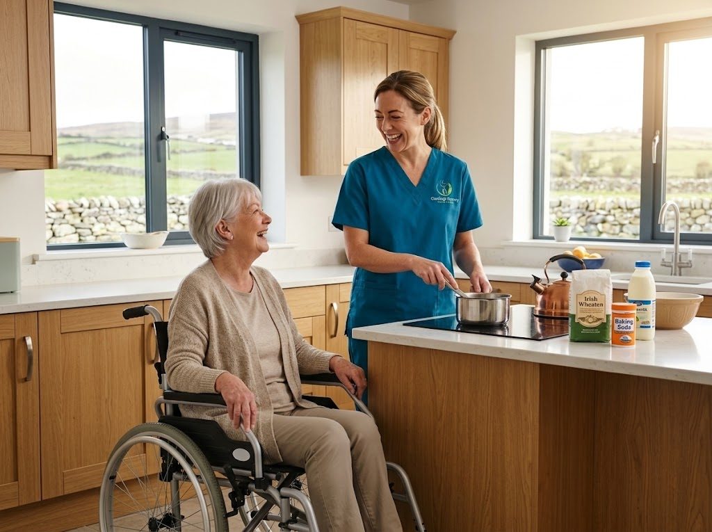 Carer laughing with an older woman in a wheelchair while cooking in a bright kitchen with fields outside